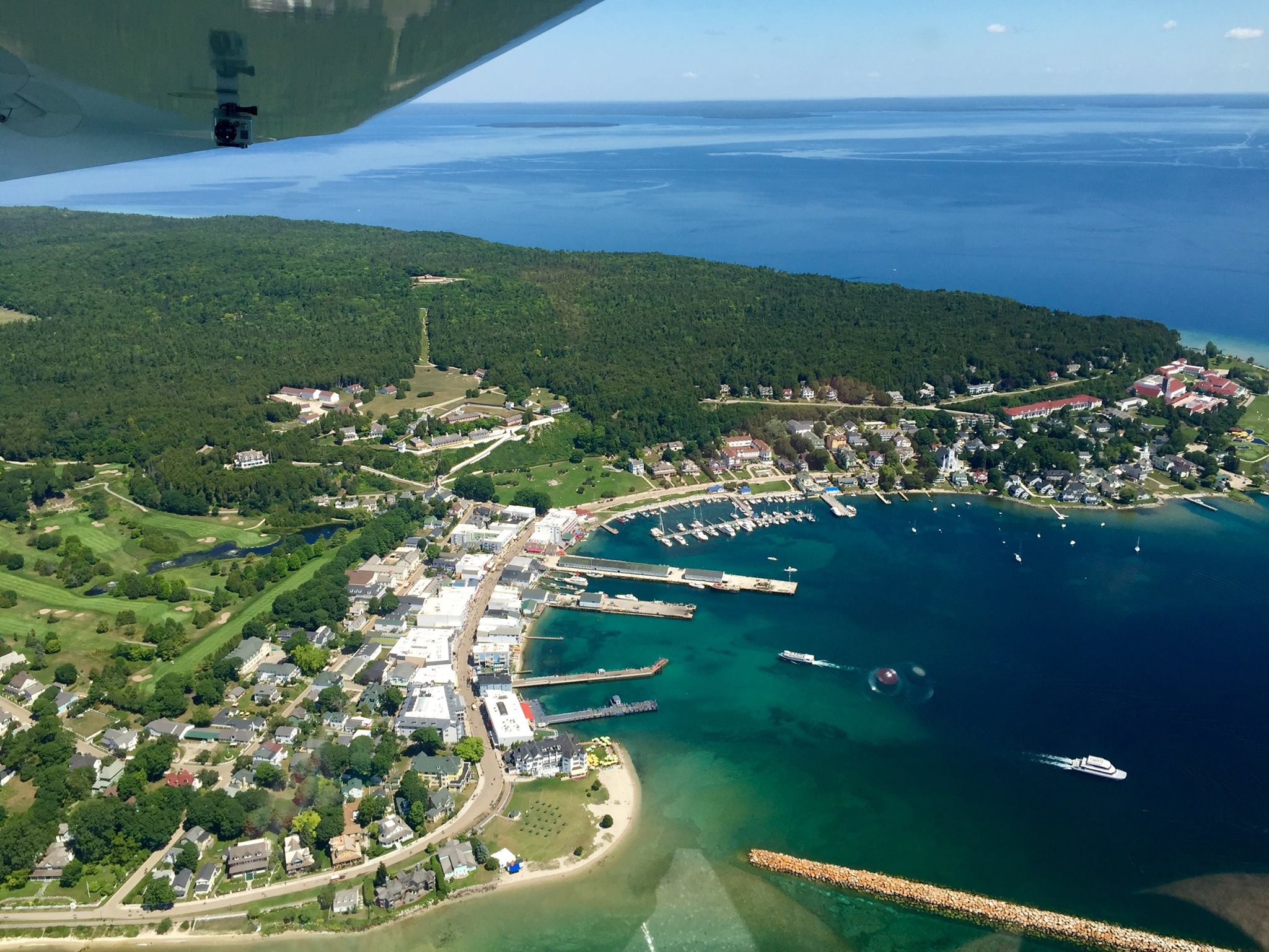 view from plane of Mackinac island, MI